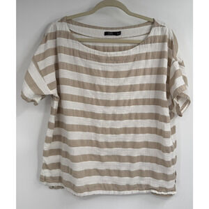 OVS Linen Blend Blouse Womens Medium Tan White Striped Coastal Minimalist Resort